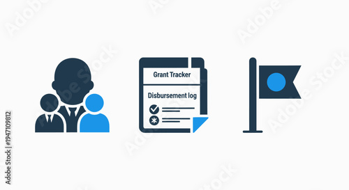 Icons for people, grant tracker document, and goal flag representing business or project management