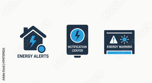 Icons for energy alerts, notification center, and energy warning signs for smart homes, alert system