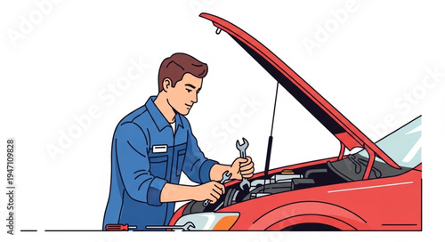 Mechanic working on red car.