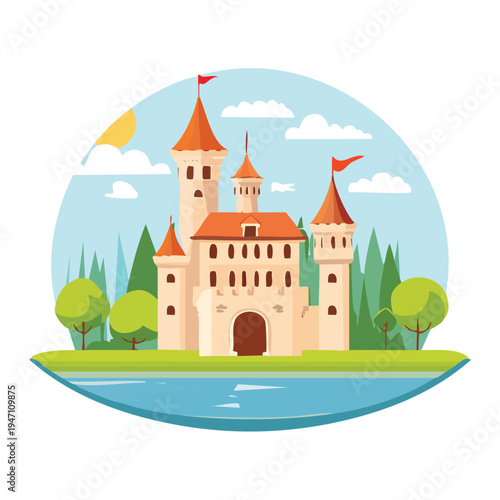 Cartoon castle illustration with turrets flags and water landscape design