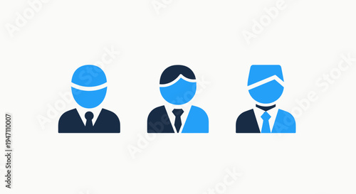 Three distinct blue business person icons with ties, showcasing diversity in user profiles and professional representation against a white backdrop