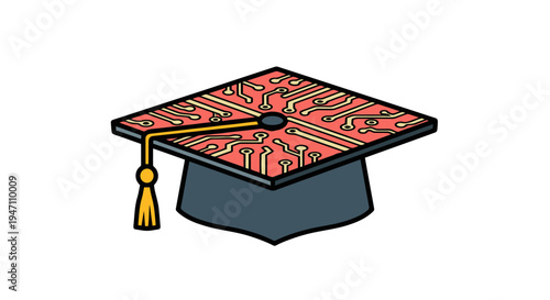 A colorful illustration of a graduation cap with a yellow tassel and intricate red and green designs on its mortarboard.