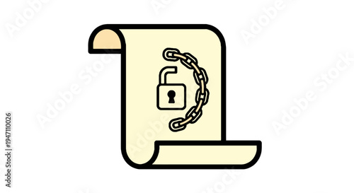 An illustration of a locked scroll with a chain wrapped around it, secured with a padlock, symbolizing protection and confidentiality in a digital concept.