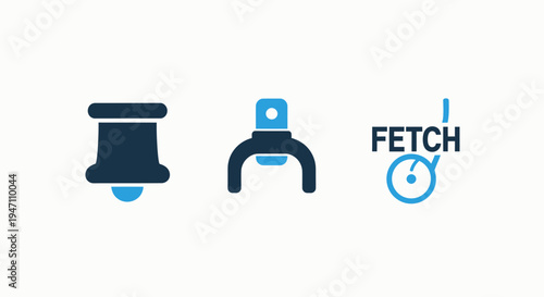 Set of three flat icons: spool of thread, clamp, and a 'fetch' symbol, representing sewing, tools, and retrieval in blue and dark colors