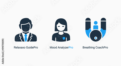 Three icons representing wellness and technology: a man meditating, a mood analyzer, and a breathing coach device on a white background