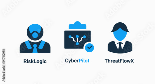 Three icons for cybersecurity and risk management: user profile, network security, and threat monitoring system in blue and dark tones