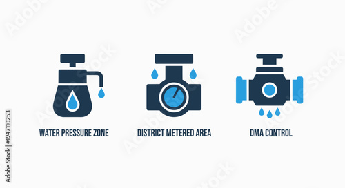Icons for water pressure, metered area, and dma control in blue and dark blue on white background