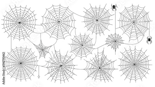 Extensive network of connected spider webs with small spiders drawn in a simple style on white background for halloween.
