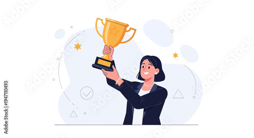 Successful businesswoman holding a golden trophy, celebrating achievement and victory.