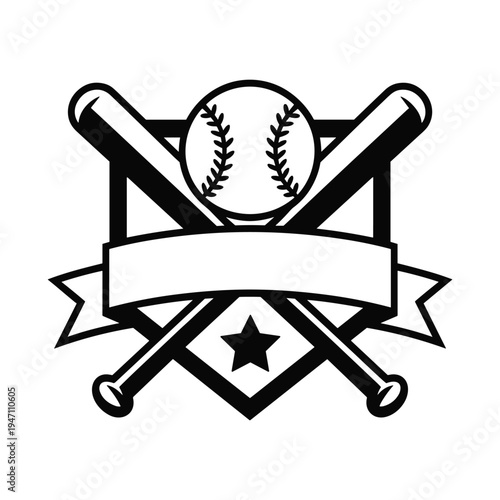 Classic baseball emblem with crossed bats ball ribbon and star isolated on transparent background