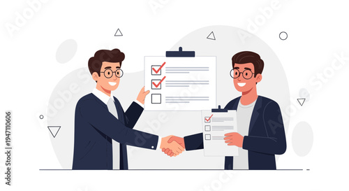 Businessmen shaking hands over checklist, agreement, success, partnership, teamwork, flat design