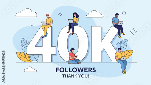 Milestone celebration of reaching 40k followers with diverse people using gadgets around large white letters on blue.