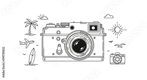 Line art illustration of a vintage camera surrounded by travel and vacation icons like a palm tree, airplane, surfboard, and sun, depicting a summer holiday theme.
