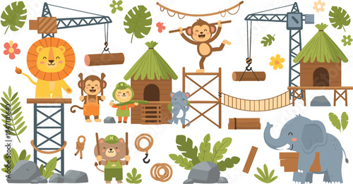 Jungle Construction Crew – Lions, Monkeys, Elephants, and More Building Treehouses with Cranes and Tool
