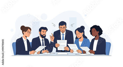 Diverse business team in meeting, discussing documents, serious discussion