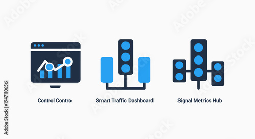 Smart city traffic icons: control dashboard, traffic lights, and signal metrics concepts