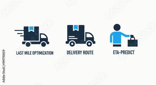 Logistics and delivery icons: last mile optimization, route planning, and eta prediction concepts