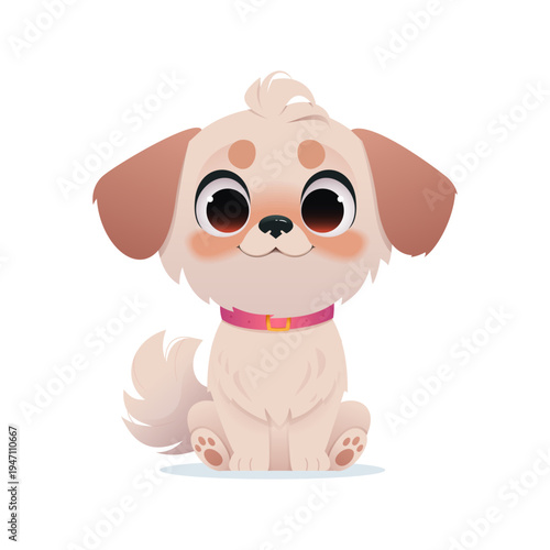 Cute cartoon fluffy puppy sitting and looking forward. Adorable small dog with big expressive eyes, pink collar and rosy cheeks. Isolated on white