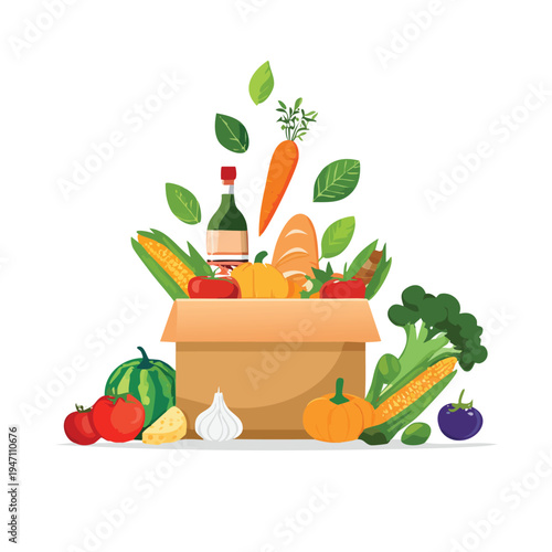 Fresh produce box illustration vegetables and fruit display on white background