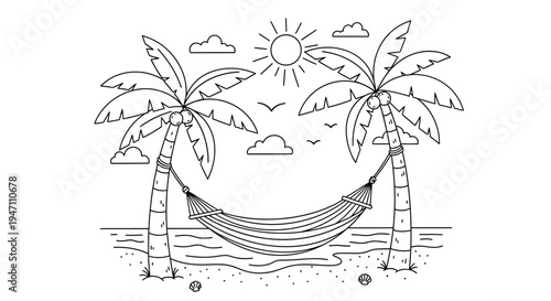 Line art illustration of a tropical beach scene with a hammock between two palm trees, sun, birds, and ocean waves.