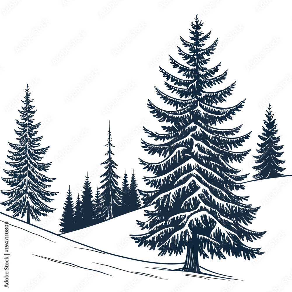 Fototapeta premium A group of snow covered pine trees on a snowy hill