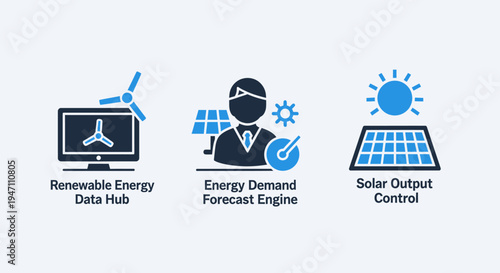 Renewable energy icons: data hub, forecast engine, and solar control for green technology, power generation, and management, flat design, wind turbine, solar panel