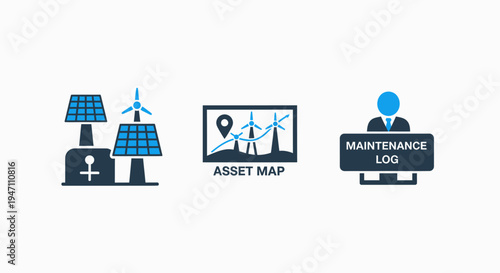 Energy industry icons: renewable power station, asset map, and maintenance log for industrial operations and facility management, flat design, solar panel, wind turbine