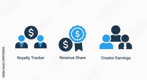 Creator economy icons: royalty tracker, revenue share, and earnings for online content creators, financial management and business growth, flat design, dollar sign