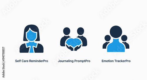 Self-care and mental wellness icons: reminder, journaling prompt, and emotion tracker for personal growth and emotional well-being, flat design, emotion category