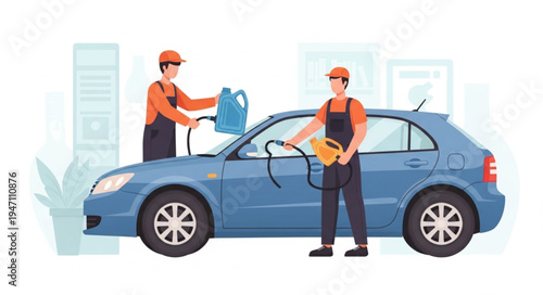 Mechanics servicing blue car.
