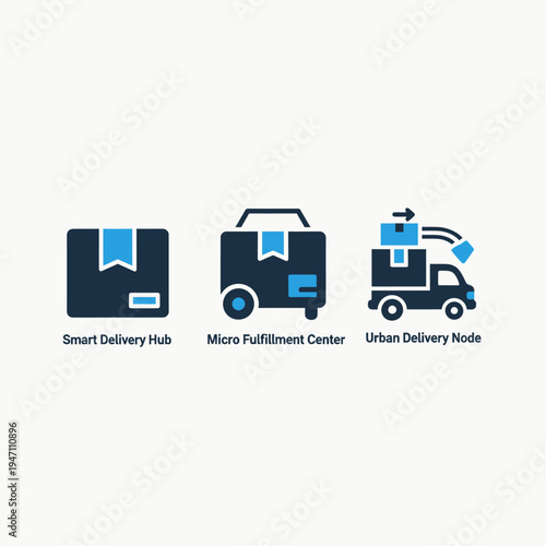 Delivery and logistics icons: smart hub, micro fulfillment, and urban node concepts, e commerce