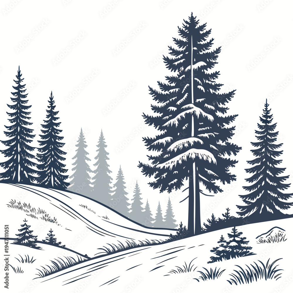 Obraz premium A snowy landscape with pine trees on a hill
