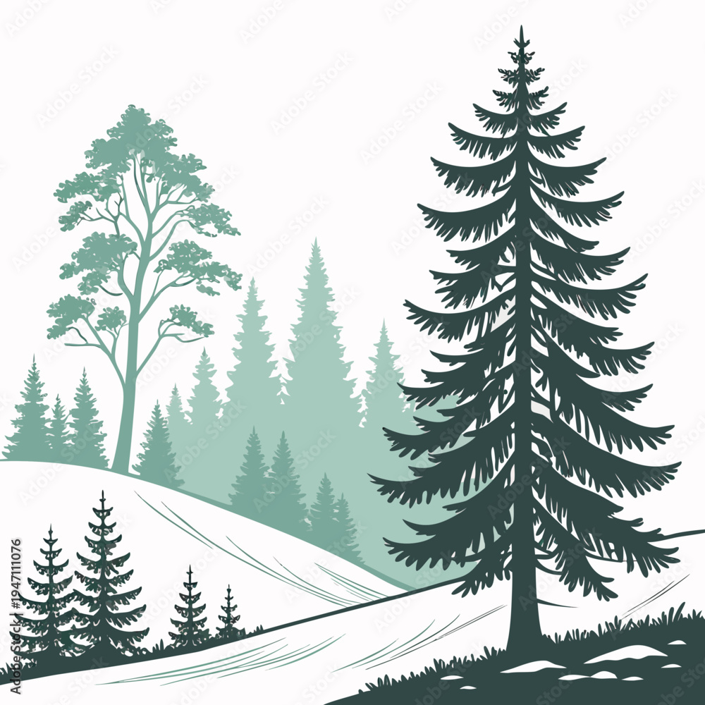 Obraz premium A large pine tree on a snowy hill with smaller trees
