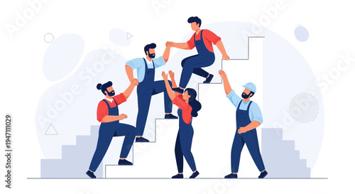 Teamwork and collaboration: people helping each other climb stairs, success, support