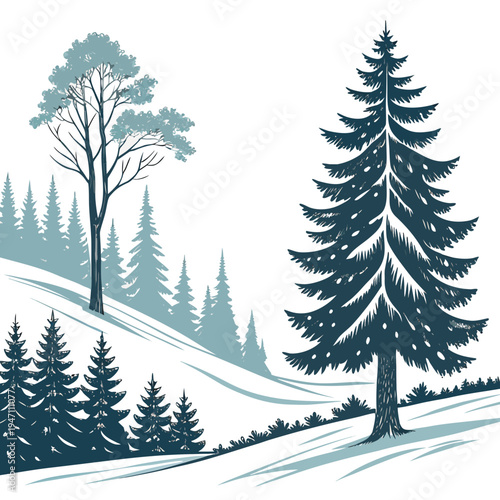 A serene winter landscape with snow covered pine trees
