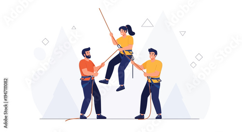 Teamwork in climbing: three people working together on a mountain