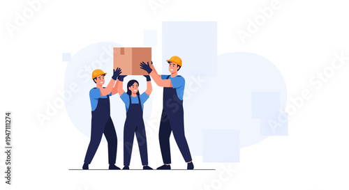 Teamwork moving box, delivery workers carrying package, logistics and moving service concept
