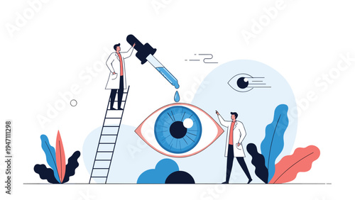 Medical team of eye doctors performing a procedure on a giant human eyeball using a liquid dropper and specialized surgical equipment.