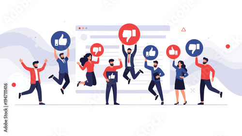 Team of happy professionals jumping and holding social media feedback icons like thumbs up and thumbs down in front of a large web page.