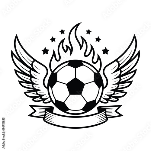 Dynamic soccer ball with wings and flames emblem for sports and championship victory celebration