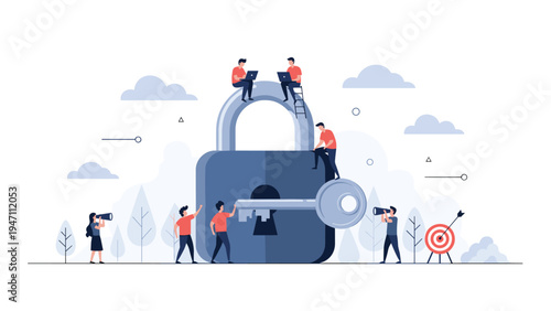 Group of tiny people working together around a giant blue padlock and key to secure data and reach business targets with binoculars.