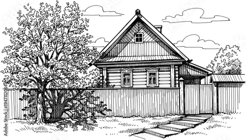 Traditional rustic wooden village house with fence and large leafy tree in vintage hand drawn sketch style for rural architecture vector design.