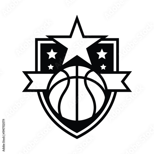 Graphic emblem featuring a basketball surrounded by stars and a banner design