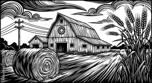 Rustic farm landscape with wooden barn hay bales and wheat field in vintage black and white woodcut vector style illustration design.