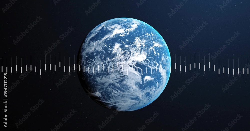 Fototapeta premium Incoming broadcast signal initiating scene, Earth rotating while waveform scanning equator for data