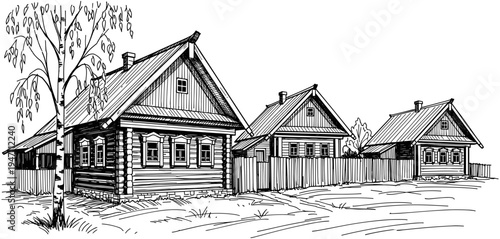 Traditional Russian village houses with wooden fences and birch tree in vintage hand drawn sketch style for rural architecture vector design.