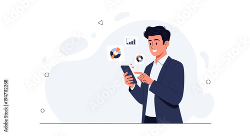 Businessman using smartphone with financial charts and graphs, digital analytics