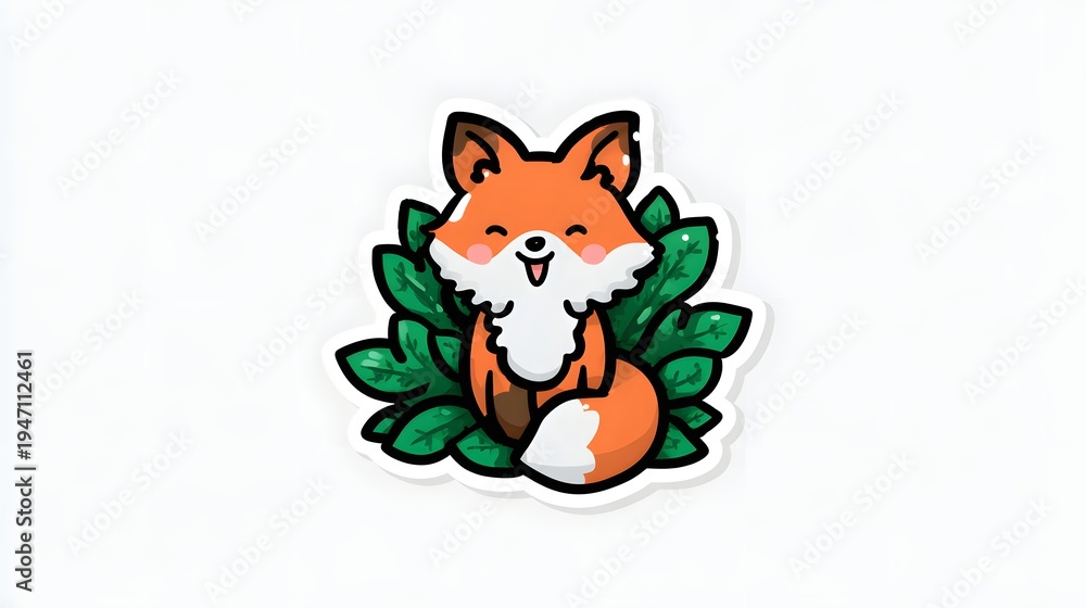 Obraz premium Cute Cartoon Fox Sitting Among Green Leaves Illustration.
