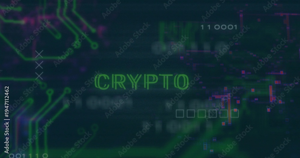 Obraz premium Glowing neon-green word CRYPTO pulsing across digital UI, with PCB traces and glitch artifacts