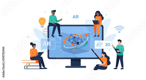 Augmented Reality (AR) and 3D Education: Diverse Team Collaborating on Virtual Science Models, E-Learning Development, and Future Technology.